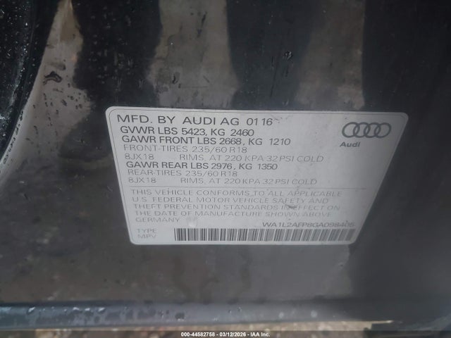 Продаж на аукціоні авто 2016 Audi Q5 2.0t Premium, vin: WA1L2AFP8GA098405, номер лоту: 44582758