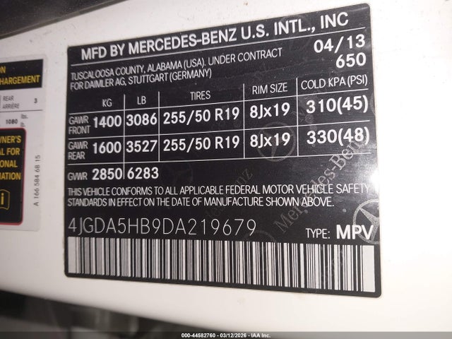 Продаж на аукціоні авто 2013 Mercedes-benz Ml 350 4matic, vin: 4JGDA5HB9DA219679, номер лоту: 44582760
