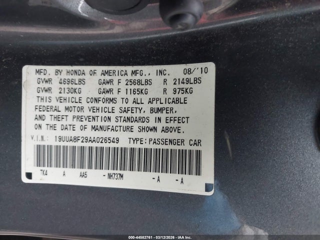 2010 Acura Tl 3.5 მანქანა იყიდება აუქციონზე, vin: 19UUA8F29AA026549, აუქციონის ნომერი: 44582761