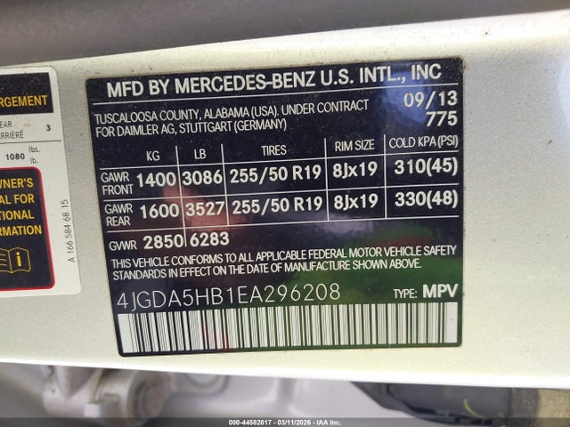 44582817 :رقم المزاد ، 4JGDA5HB1EA296208 vin ، 2014 Mercedes-benz Ml 350 4matic مزاد بيع