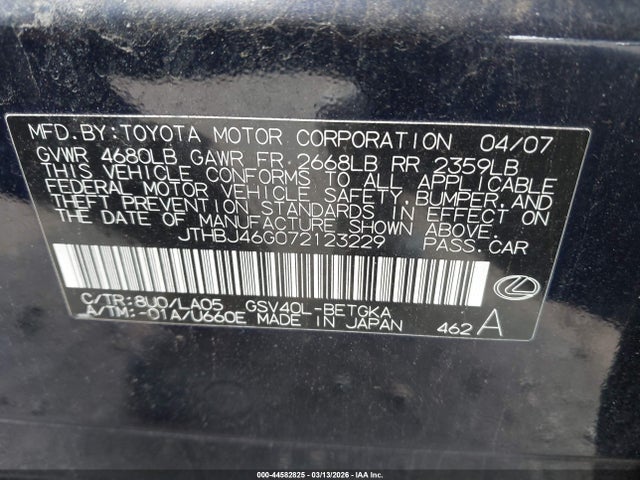 Aukcja sprzedaży 2007 Lexus Es 350, vin: JTHBJ46G072123229, numer aukcji: 44582825
