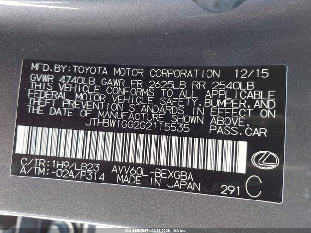 2016 Lexus Es 300h მანქანა იყიდება აუქციონზე, vin: JTHBW1GG2G2115535, აუქციონის ნომერი: 44582847