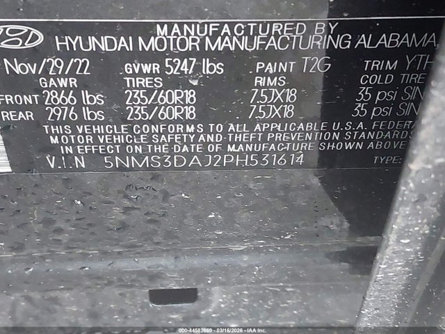 44582860 :رقم المزاد ، 5NMS3DAJ2PH531614 vin ، 2023 Hyundai Santa Fe Sel مزاد بيع