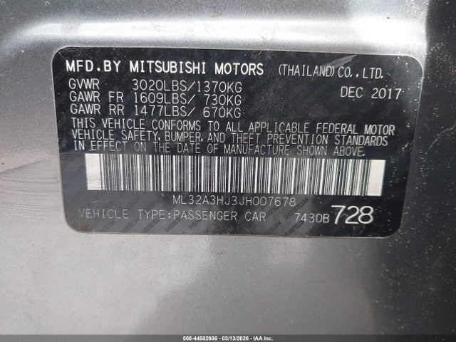 Aukcja sprzedaży 2018 Mitsubishi Mirage Es, vin: ML32A3HJ3JH007678, numer aukcji: 44582886