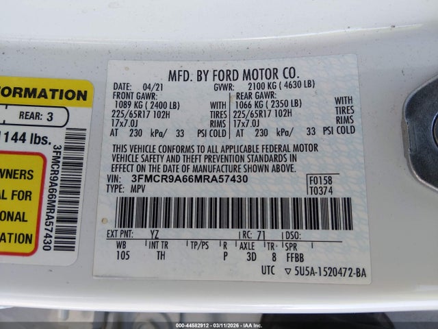 2021 Ford Bronco Sport მანქანა იყიდება აუქციონზე, vin: 3FMCR9A66MRA57430, აუქციონის ნომერი: 44582912