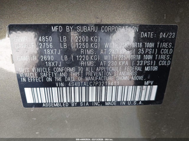 2023 SUBARU OUTBACK 4S4BTALC7P3219411 Photo 8