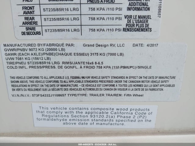 Продажа на аукционе авто 2018 Grand Design Other, vin: 573FS4332J1108657, номер лота: 44582979