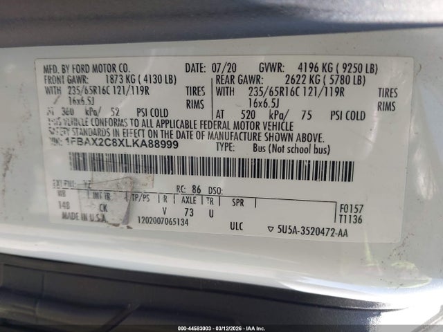 Продаж на аукціоні авто 2020 Ford Transit-350 Passenger Van Xlt, vin: 1FBAX2C8XLKA88999, номер лоту: 44583003