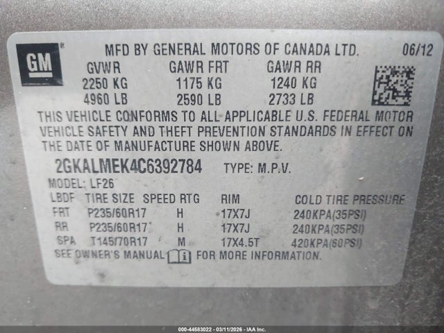 Aukcja sprzedaży 2012 Gmc Terrain Sle-1, vin: 2GKALMEK4C6392784, numer aukcji: 44583022