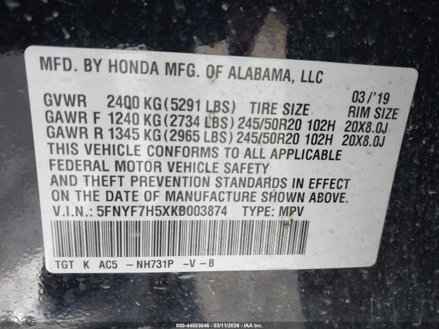 44583046 :رقم المزاد ، 5FNYF7H5XKB003874 vin ، 2019 Honda Passport Ex-l مزاد بيع