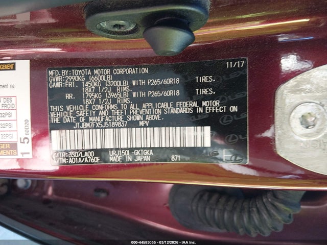 Aukcja sprzedaży 2018 Lexus Gx 460, vin: JTJBM7FX5J5189837, numer aukcji: 44583055