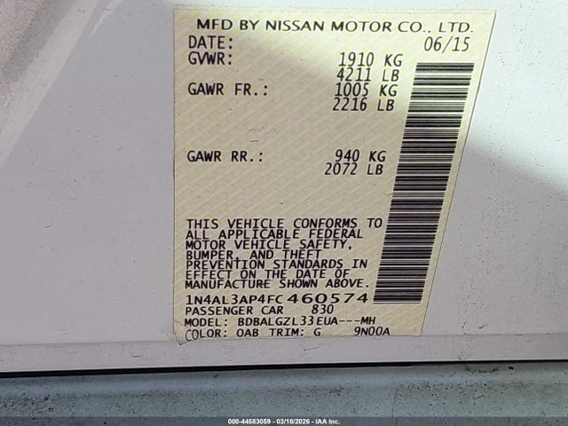 2015 Nissan Altima 2.5 S მანქანა იყიდება აუქციონზე, vin: 1N4AL3AP4FC460574, აუქციონის ნომერი: 44583059