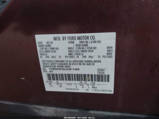 2018 Ford Explorer Limited მანქანა იყიდება აუქციონზე, vin: 1FM5K8F80JGB11468, აუქციონის ნომერი: 44583063