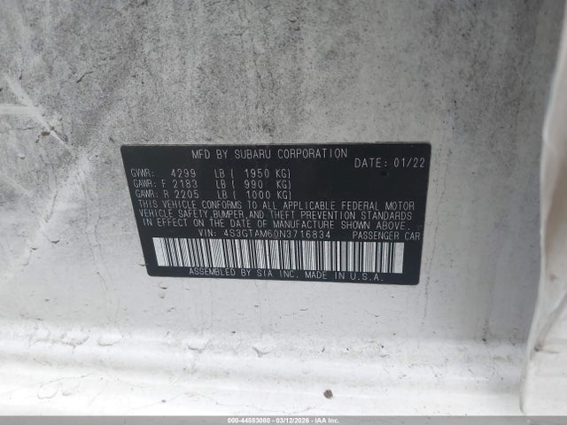 Aukcja sprzedaży 2022 Subaru Impreza Sport 5-door, vin: 4S3GTAM60N3716834, numer aukcji: 44583080
