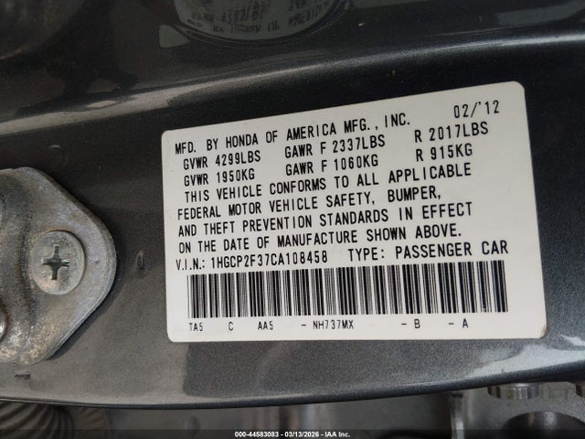 2012 Honda Accord 2.4 Lx მანქანა იყიდება აუქციონზე, vin: 1HGCP2F37CA108458, აუქციონის ნომერი: 44583083