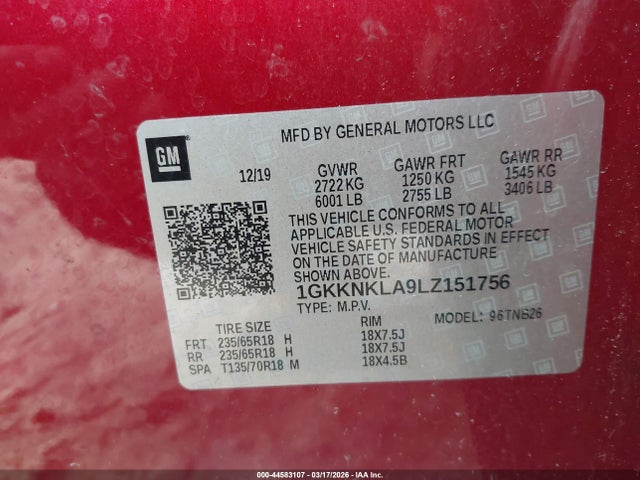 44583107 :رقم المزاد ، 1GKKNKLA9LZ151756 vin ، 2020 Gmc Acadia Sle مزاد بيع