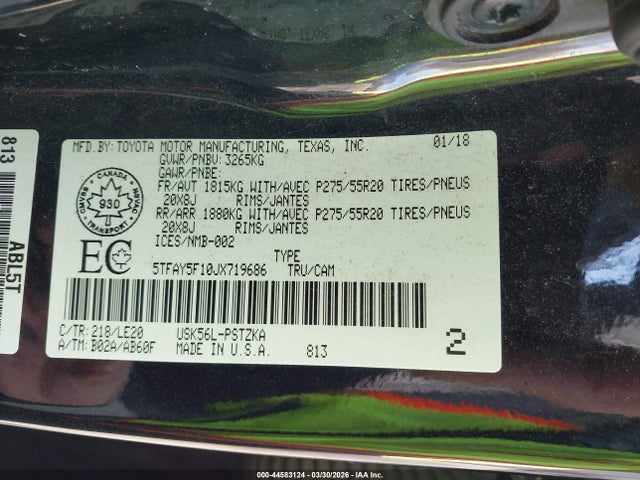 2018 Toyota Tundra Platinum 5.7l V8 მანქანა იყიდება აუქციონზე, vin: 5TFAY5F10JX719686, აუქციონის ნომერი: 44583124