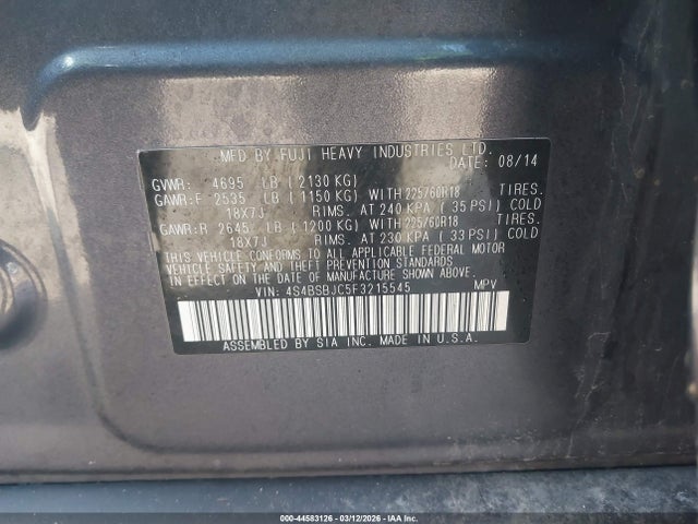 2015 Subaru Outback 2.5i Limited მანქანა იყიდება აუქციონზე, vin: 4S4BSBJC5F3215545, აუქციონის ნომერი: 44583126