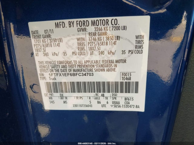 Aukcja sprzedaży 2011 Ford F-150 Xlt, vin: 1FTFX1EF6BFC34703, numer aukcji: 44583145