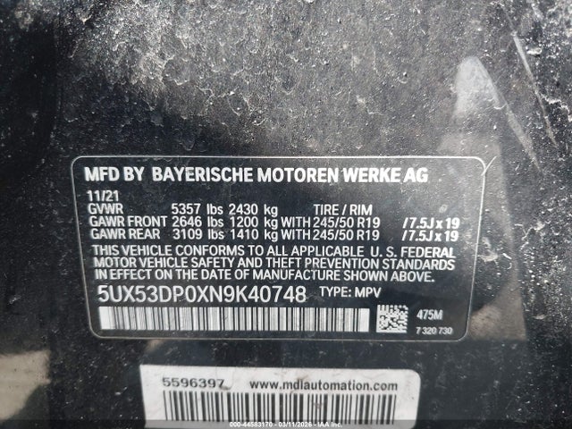 Продаж на аукціоні авто 2022 Bmw X3 Xdrive30i, vin: 5UX53DP0XN9K40748, номер лоту: 44583170