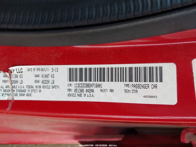 44583190 :رقم المزاد ، 1C3CDZCB8DN716001 vin ، 2013 Dodge Avenger Sxt مزاد بيع