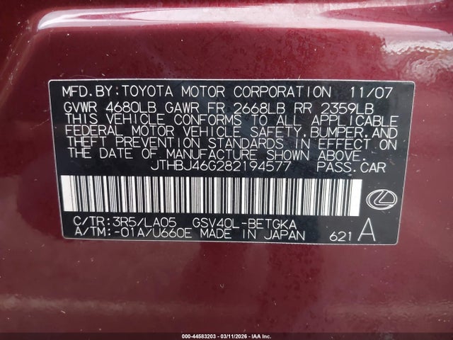 Aukcja sprzedaży 2008 Lexus Es 350, vin: JTHBJ46G282194577, numer aukcji: 44583203
