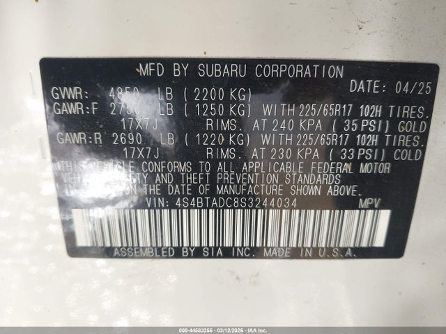 44583256 :رقم المزاد ، 4S4BTADC8S3244034 vin ، 2025 Subaru Outback Premium مزاد بيع