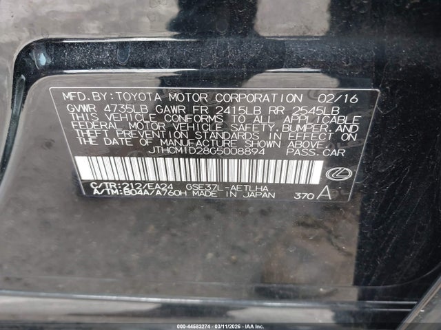 Aukcja sprzedaży 2016 Lexus Is 300, vin: JTHCM1D28G5008894, numer aukcji: 44583274