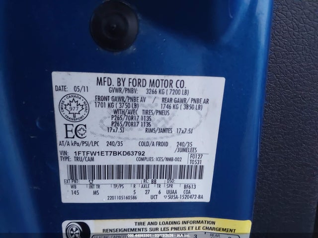 Продажа на аукционе авто 2011 Ford F-150 Xlt, vin: 1FTFW1ET7BKD63792, номер лота: 44583301