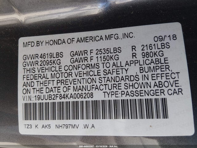 44583307 :رقم المزاد ، 19UUB2F84KA006208 vin ، 2019 Acura Tlx Advance Pkg مزاد بيع