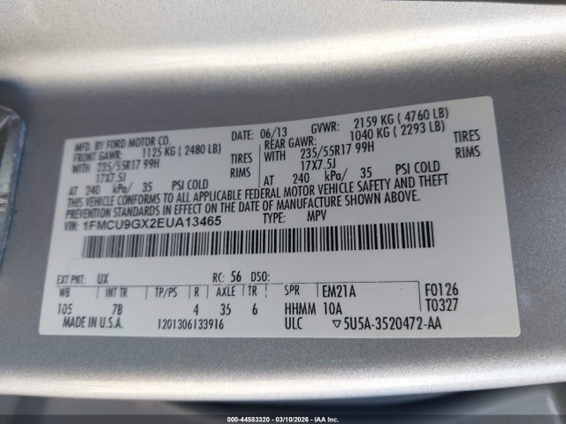 2014 Ford Escape Se მანქანა იყიდება აუქციონზე, vin: 1FMCU9GX2EUA13465, აუქციონის ნომერი: 44583320