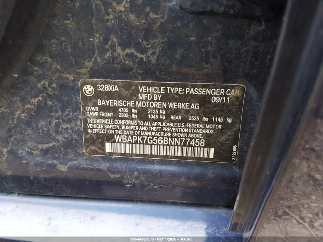 44583338 :رقم المزاد ، WBAPK7G56BNN77458 vin ، 2011 Bmw 328i Xdrive مزاد بيع