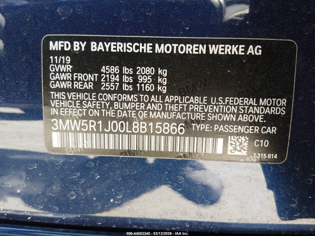 Aukcja sprzedaży 2020 Bmw 330i, vin: 3MW5R1J00L8B15866, numer aukcji: 44583340
