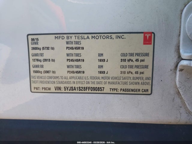44583348 :رقم المزاد ، 5YJSA1S28FF090857 vin ، 2015 Tesla Model S 70d/85d/p85d مزاد بيع