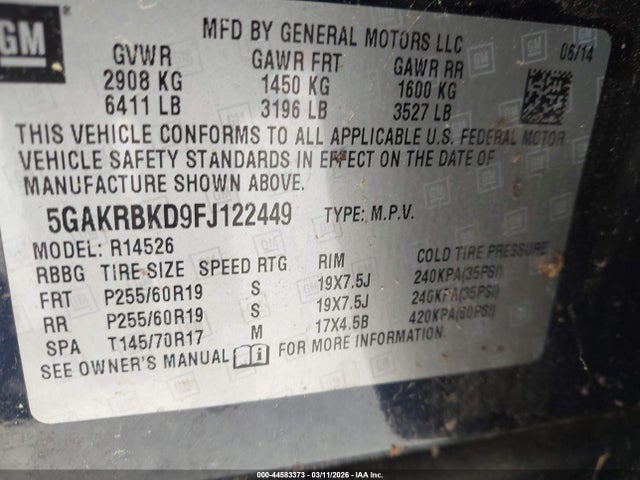 Aukcja sprzedaży 2015 Buick Enclave Leather, vin: 5GAKRBKD9FJ122449, numer aukcji: 44583373