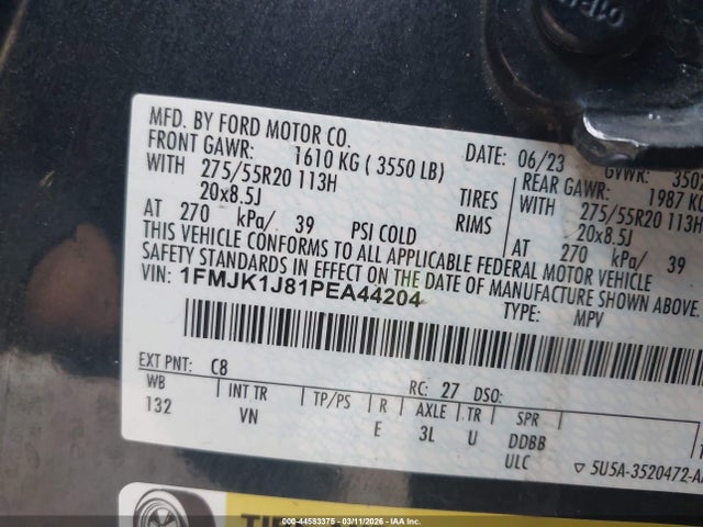 Продажа на аукционе авто 2023 Ford Expedition Xlt Max, vin: 1FMJK1J81PEA44204, номер лота: 44583375