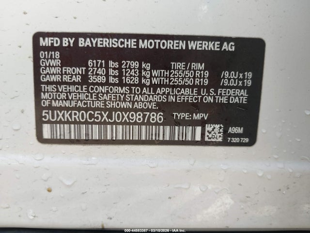 44583387 :رقم المزاد ، 5UXKR0C5XJ0X98786 vin ، 2018 Bmw X5 Xdrive35i مزاد بيع