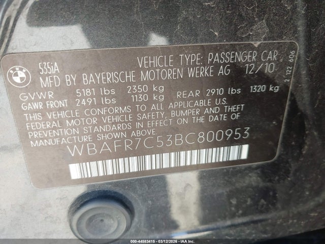 44583415 :رقم المزاد ، WBAFR7C53BC800953 vin ، 2011 Bmw 535i مزاد بيع