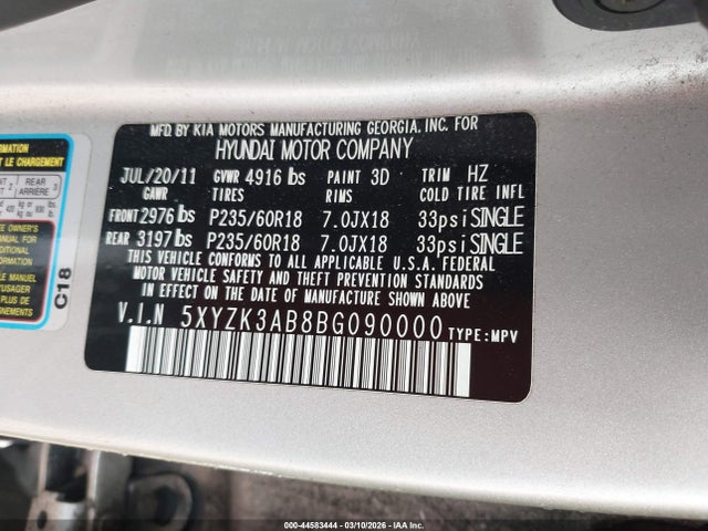 2011 Hyundai Santa Fe Limited მანქანა იყიდება აუქციონზე, vin: 5XYZK3AB8BG090000, აუქციონის ნომერი: 44583444