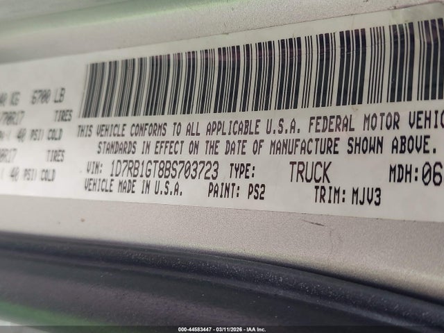 44583447 :رقم المزاد ، 1D7RB1GT8BS703723 vin ، 2011 Ram Ram 1500 Slt مزاد بيع