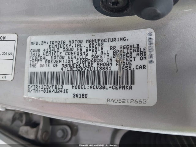 Aukcja sprzedaży 2002 Toyota Camry Le, vin: 4T1BE32KX2U113861, numer aukcji: 44583449