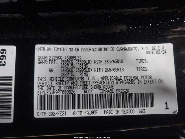 44583498 :رقم المزاد ، 3TYLB5JN9RT009826 vin ، 2024 Toyota Tacoma Trd Sport مزاد بيع