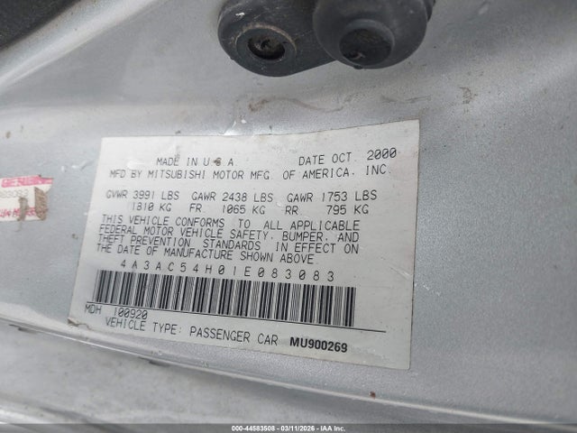 Продаж на аукціоні авто 2001 Mitsubishi Eclipse Gt, vin: 4A3AC54H01E083083, номер лоту: 44583508