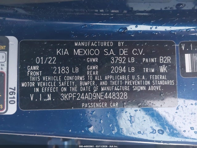 44583561 :رقم المزاد ، 3KPF24AD9NE448328 vin ، 2022 Kia Forte Lxs مزاد بيع