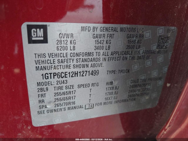 1GTP6CE12H1271499 GMC CANYON SLE
