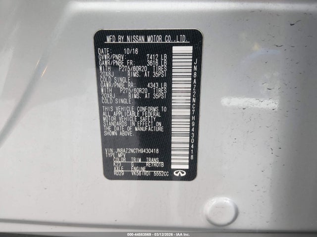 44583569 :رقم المزاد ، JN8AZ2NC7H9430418 vin ، 2017 Infiniti Qx80 مزاد بيع
