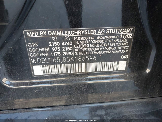 Aukcja sprzedaży 2003 Mercedes-benz E 320, vin: WDBUF65J83A186596, numer aukcji: 44583581