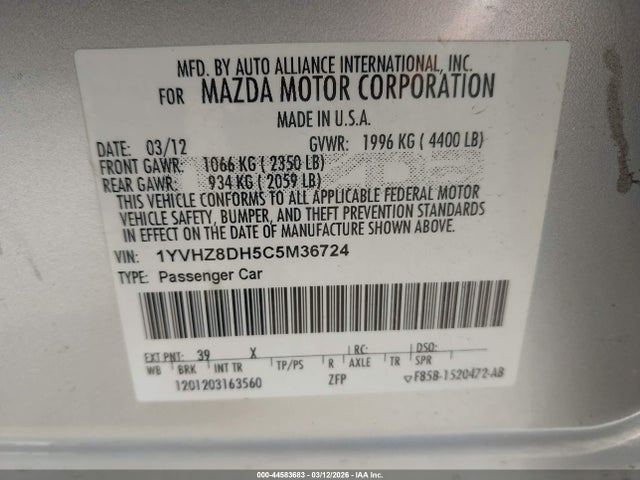 2012 Mazda Mazda6 I Touring მანქანა იყიდება აუქციონზე, vin: 1YVHZ8DH5C5M36724, აუქციონის ნომერი: 44583683