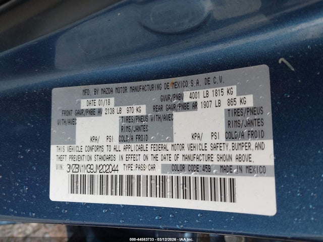 Продажа на аукционе авто 2018 Mazda Mazda3 Grand Touring, vin: 3MZBN1M39JM202044, номер лота: 44583733