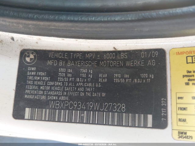 Aukcja sprzedaży 2009 Bmw X3 Xdrive30i, vin: WBXPC93419WJ27328, numer aukcji: 44583739